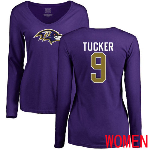 Baltimore Ravens Purple Women Justin Tucker Name and Number Logo NFL Football #9 Long Sleeve T Shirt